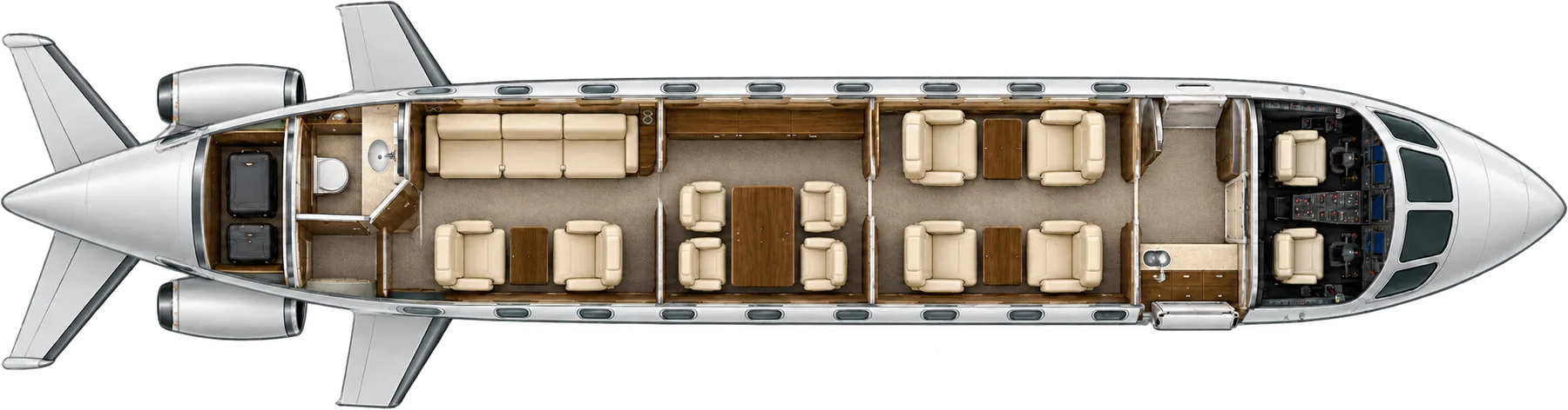 Top-down view of a Embraer Legacy 600 cabin. Typical 13-passenger layout: a club of four, four conference seats, two club seats opposite a three-place divan, forward galley, aft lavatory.