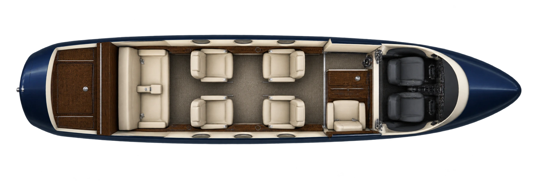 Top-down view of a Falcon 10 seven-seat example cabin. Four club chairs, one forward side-facing seat and a two-place rear bench. Lavatory excluded. Actual layout and equipment vary.