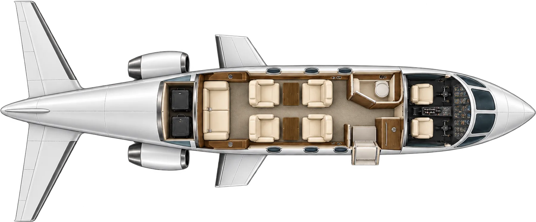 Top-down view of a Dassault Falcon 10 cabin. Typical 6-passenger layout: a club of four, a two-place aft bench, forward galley and lavatory, aft baggage.