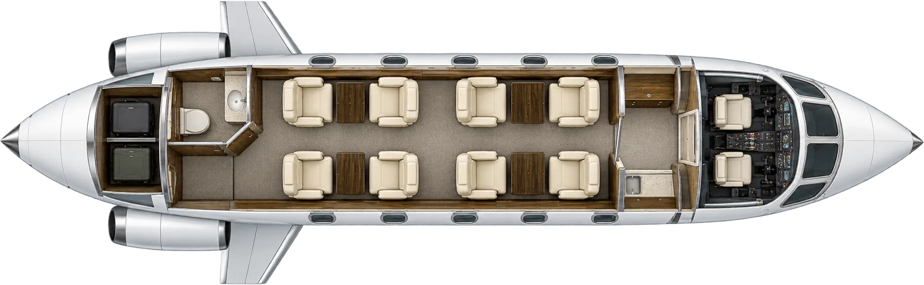 Top-down view of a Dassault Falcon 20E-5 cabin. Typical 8-passenger layout: two four-seat clubs, forward galley, aft lavatory and baggage.