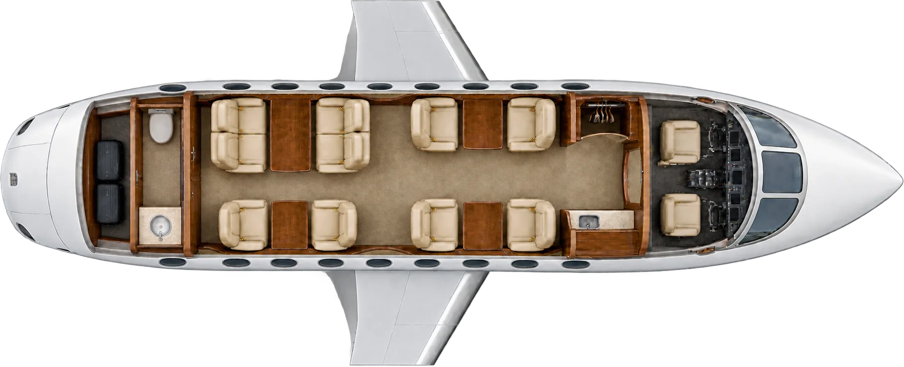Top-down view of a Dassault Falcon 2000EX / 2000LX cabin. Typical 10-passenger layout: a forward club of four, an aft four-place conference group opposite two club seats, forward galley, aft lavatory and baggage.