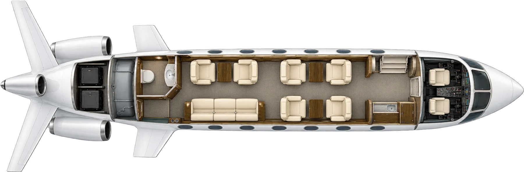 Top-down view of a Dassault Falcon 50 cabin. Typical 9-passenger layout: a club of four, two aft club seats opposite a three-place divan, forward galley and aft lavatory.
