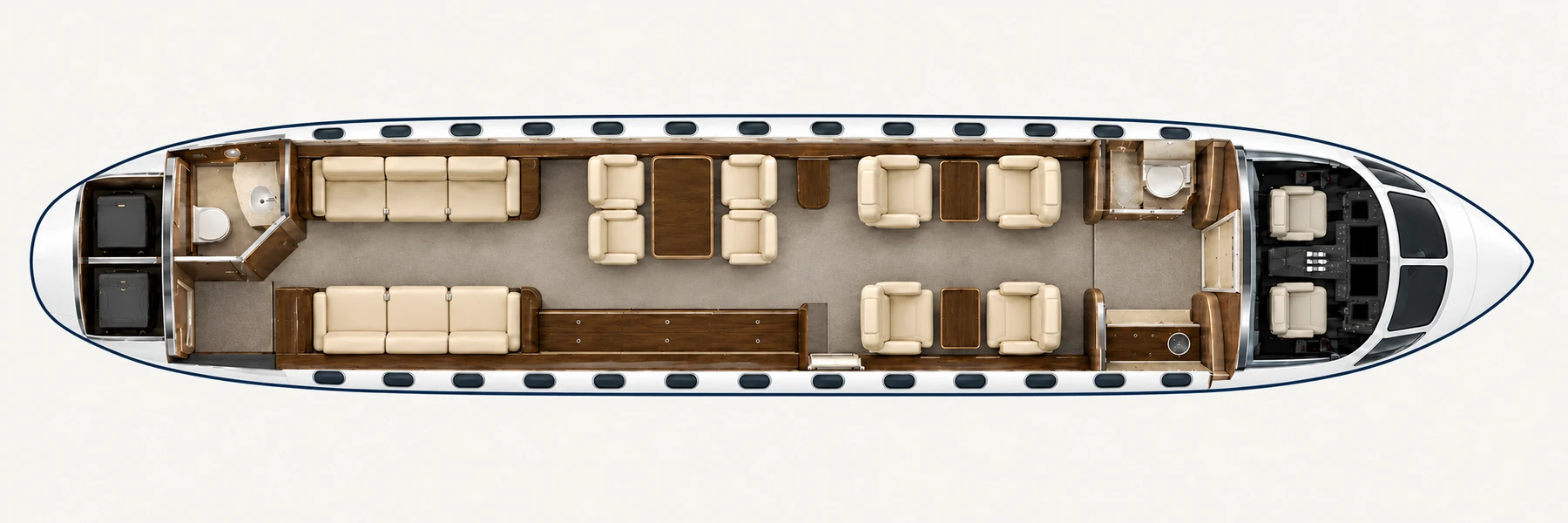 Top-down view of a Falcon 7X 14-seat cabin. Representative 14-seat Falcon 7X layout: four club chairs, four dining chairs and two three-place divans. Not the installed layout of this aircraft.
