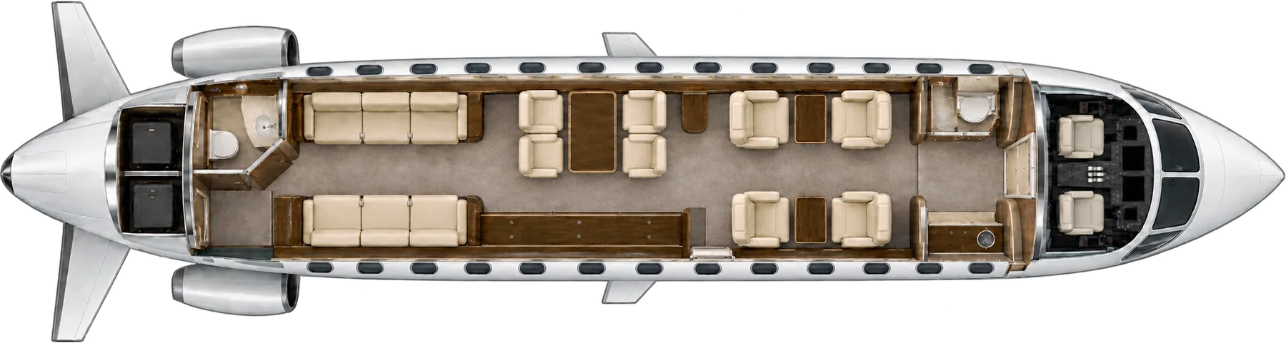 Top-down view of a Dassault Falcon 7X cabin. Typical 14-passenger layout: a club of four, four conference seats, two three-place divans, forward galley, aft lavatory.