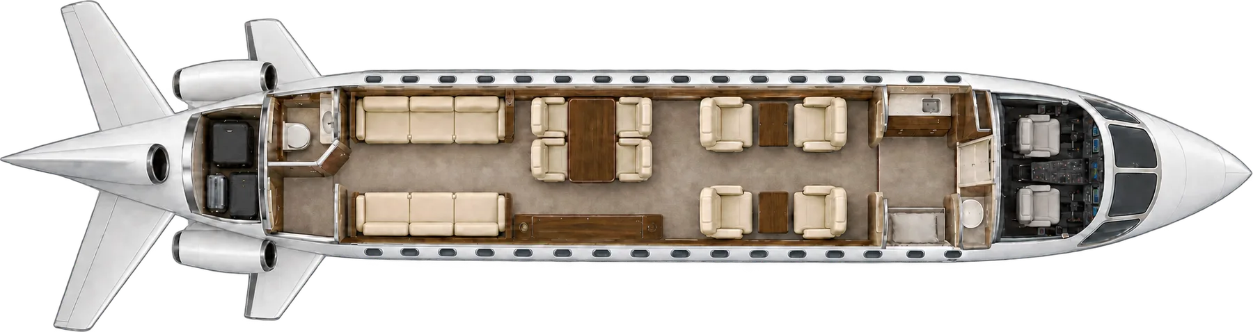 Top-down view of a Dassault Falcon 8X cabin. Typical 14-passenger layout: a club of four, four dining seats opposite a credenza, two three-place divans, forward galley and aft lavatory.