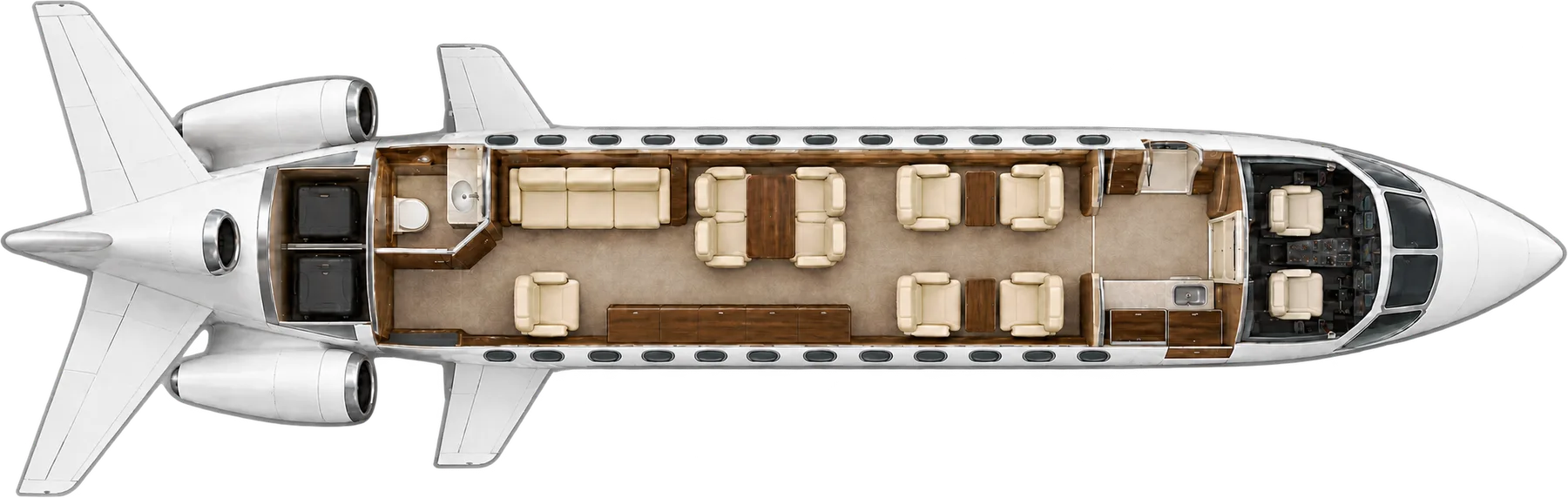 Top-down view of a Dassault Falcon 900C cabin. Typical 12-passenger layout: four club seats, four conference seats, a three-place divan opposite one chair, forward galley, aft lavatory.