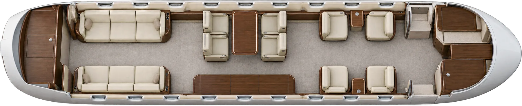 Top-down view of a Falcon 6X fourteen passenger completion cabin. Representative Falcon 6X fourteen passenger completion: four forward club chairs, four port conference chairs opposite a starboard credenza, and two three place aft divans. Original roof off illustration of a published example, not this aircraft’s installed completion.