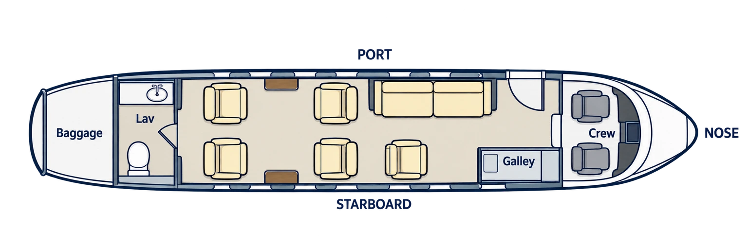 Top-down view of a G100 seven-passenger example cabin. Five chairs and a two-place divan provide seven main-cabin positions. Crew and separate belted lavatory excluded. Actual completion varies.
