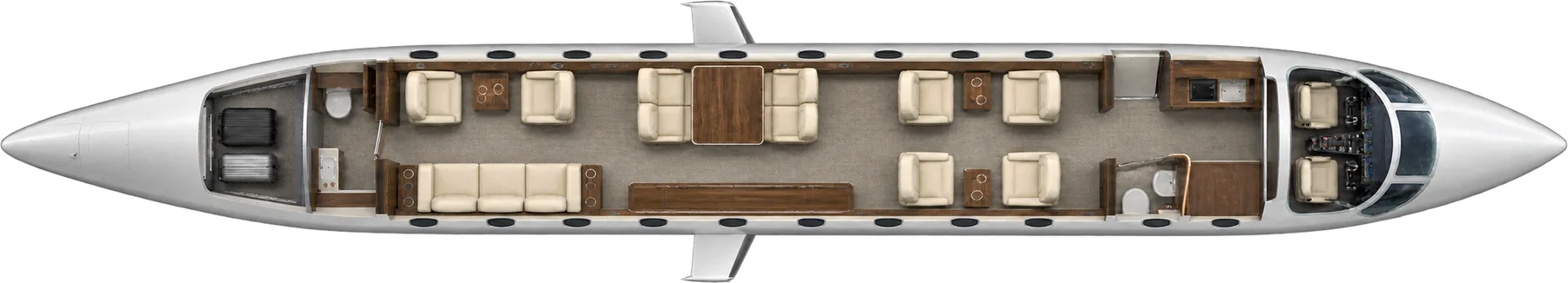 Top-down view of a Bombardier Global 5500 cabin. Typical 13-passenger layout: a club of four, four conference seats, two club seats opposite a three-place divan, forward galley and aft lavatory.