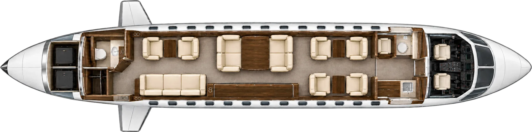 Top-down view of a Bombardier Global 6000 cabin. Typical 13-passenger layout: a club of four, four conference seats, two club seats opposite a three-place divan, forward galley and aft lavatory.