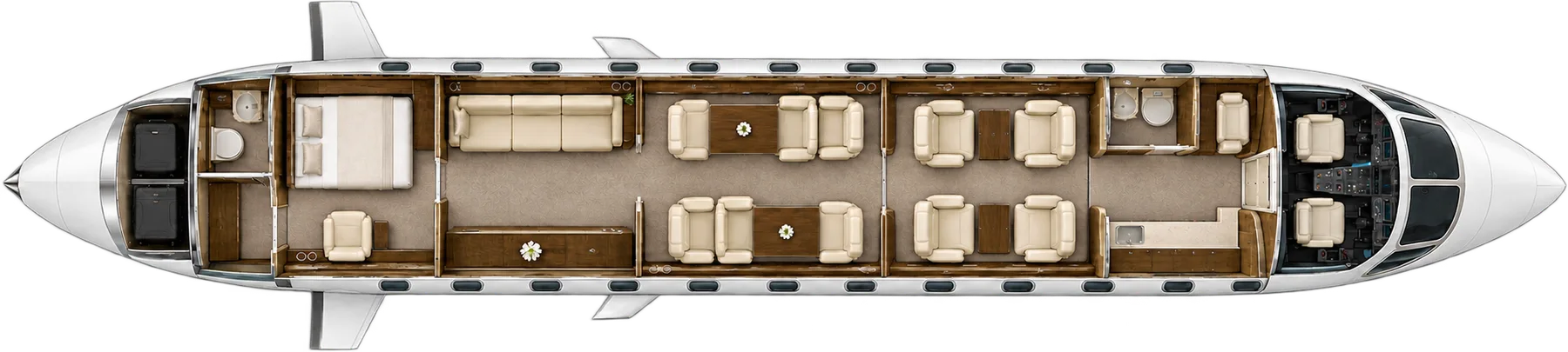 Top-down view of a Bombardier Global 7500 cabin. Typical 14-passenger layout: four club seats, six dining seats, a three-place divan, one chair beside an aft bed, forward galley and two lavatories.