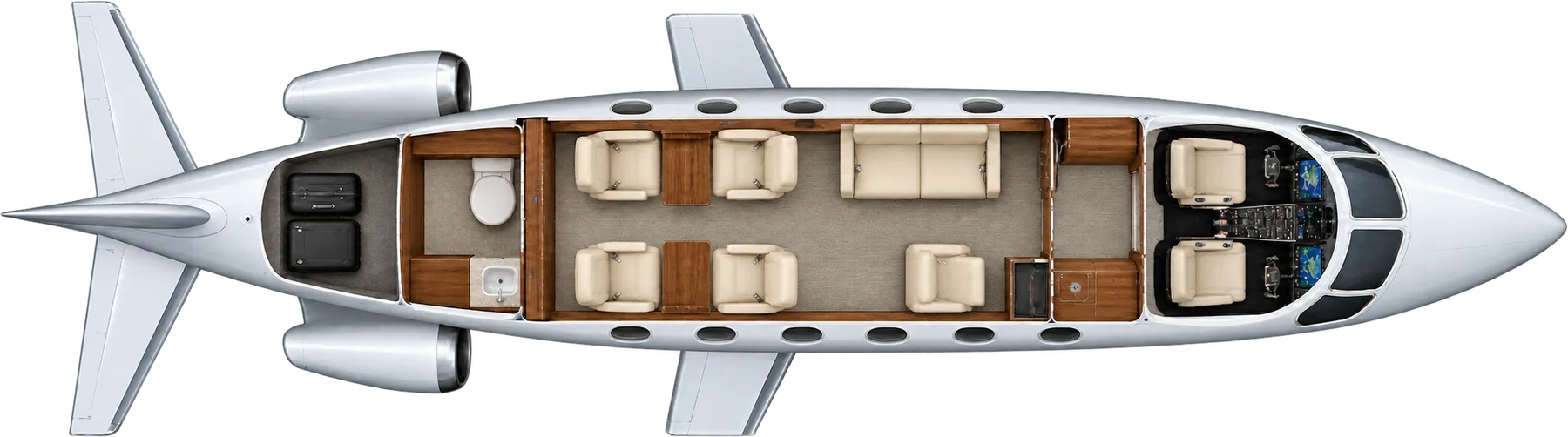 Top-down view of a IAI 1125 Astra SPX cabin. Typical 7-passenger layout: a forward two-place divan opposite one chair, an aft club of four, forward galley and aft lavatory.
