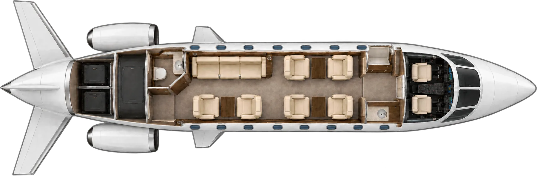 Top-down view of a Gulfstream G200 cabin. Typical 9-passenger layout: a forward club of four, two aft club seats facing a three-place divan, forward galley, aft lavatory.
