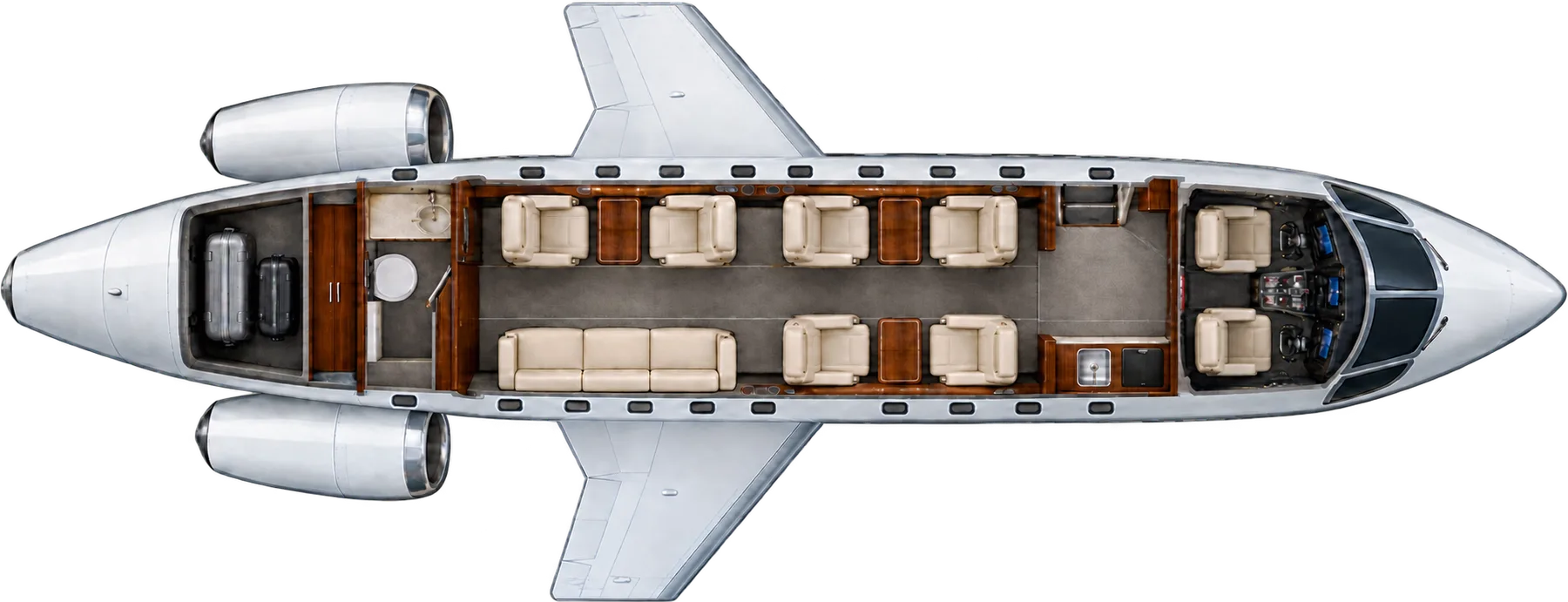Top-down view of a Gulfstream G280 cabin. Typical 9-passenger layout: a club of four, two facing club seats opposite a three-place divan, forward galley, aft lavatory and baggage.