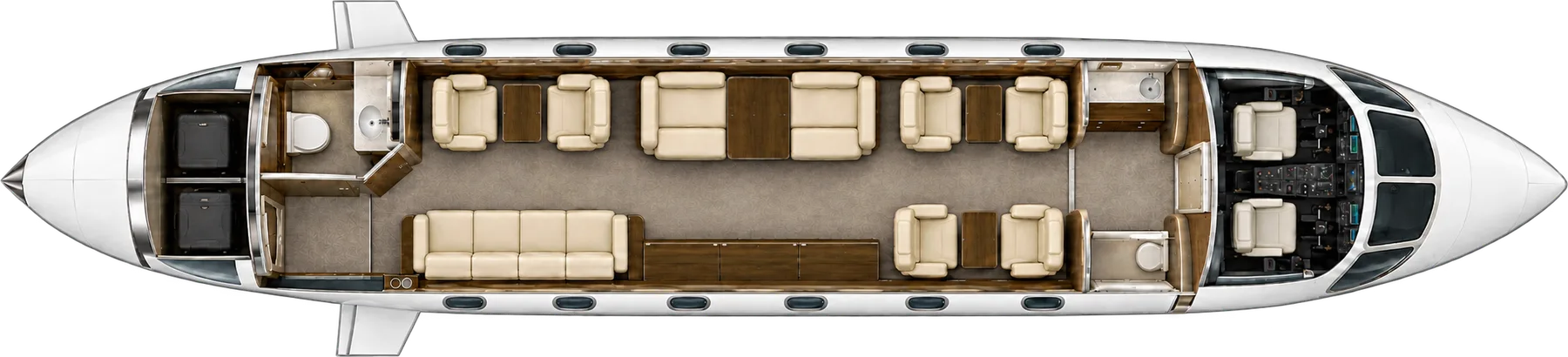 Top-down view of a Gulfstream G350 cabin. Typical 14-passenger layout: a club of four, four conference seats, two club seats opposite a four-place divan, forward galley and aft lavatory.