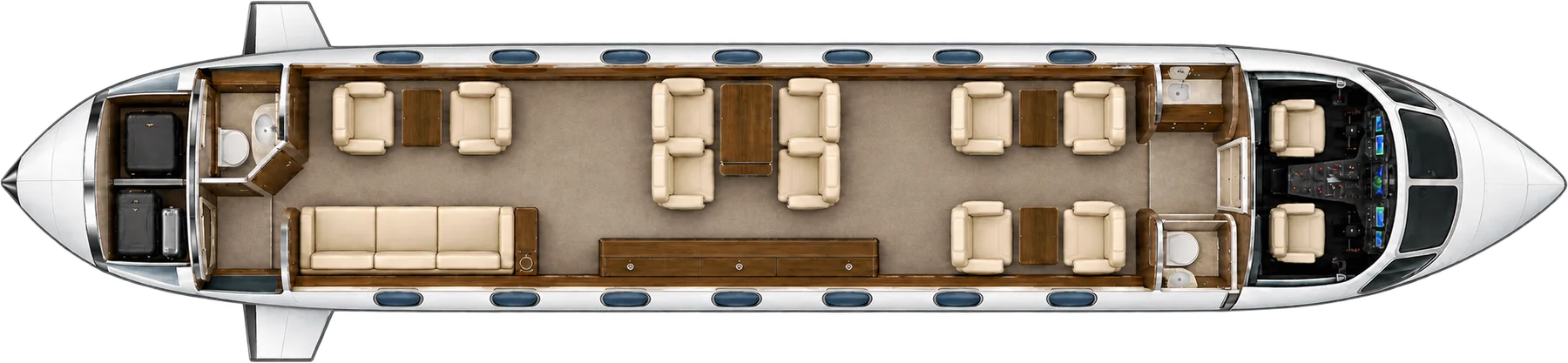 Top-down view of a Gulfstream G500 cabin. Typical 13-passenger layout: a club of four, four-seat conference group, two seats facing a three-place divan, forward galley, aft lavatory.