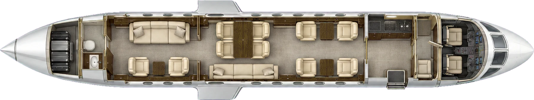 Top-down view of a Gulfstream G550 cabin. Typical 16-passenger layout: forward club, a dining group opposite a divan, an aft stateroom.