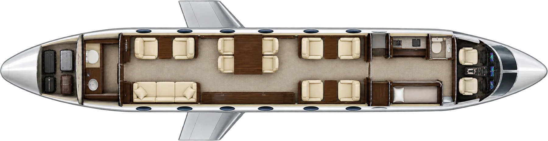 Top-down view of a Gulfstream G600 cabin. Typical 13-passenger layout: four club seats, four conference seats, two club seats opposite a three-place divan, forward galley, aft lavatory.