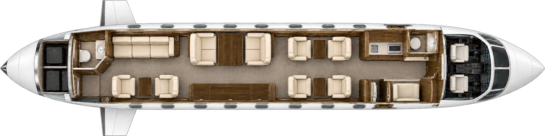 Top-down view of a Gulfstream G650ER cabin. Typical 13-passenger layout: a club of four, four-place dining group, two club seats opposite a three-place divan, forward galley and aft lavatory.
