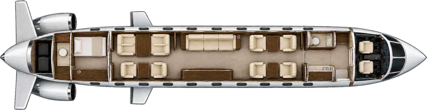 Top-down view of a Gulfstream G700 cabin. Typical 13-passenger layout: a club of four, a three-place divan, six dining seats, forward galley, aft suite and lavatory.
