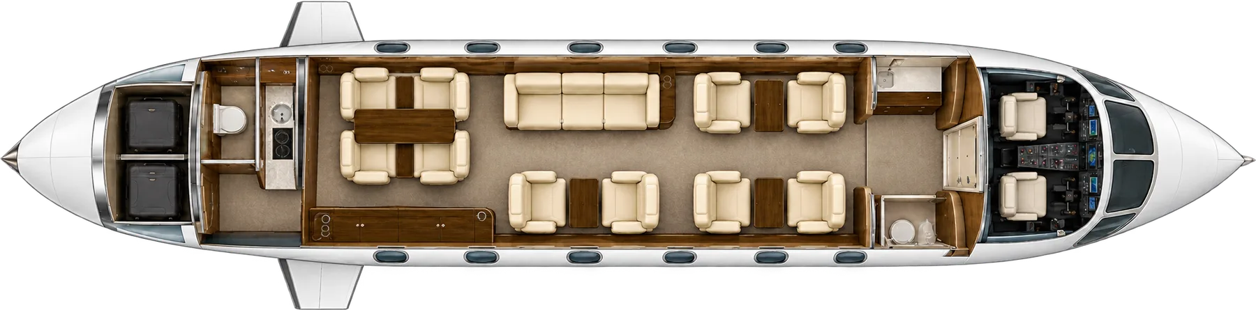 Top-down view of a Gulfstream IV cabin. Typical 13-passenger layout: a club of four, two club seats opposite a three-place divan, four conference seats, aft galley and lavatory.