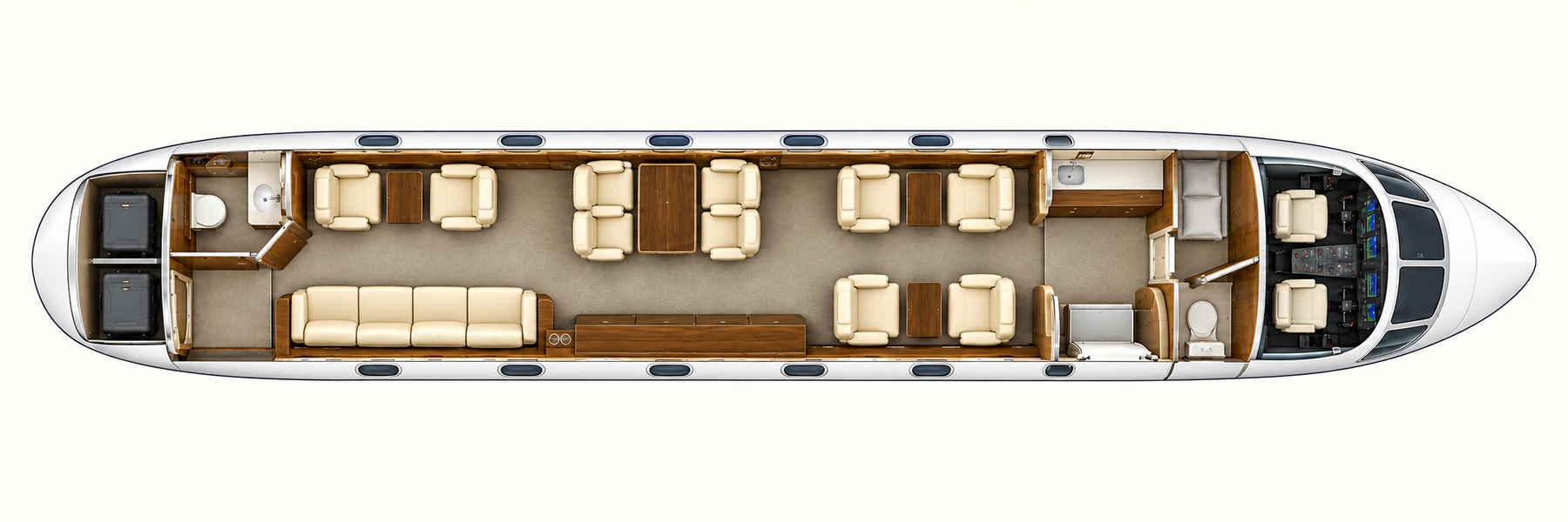 Top-down view of a Gulfstream V 14-seat cabin. Representative 14-seat Gulfstream V layout: four club chairs, four dining chairs, two aft club chairs and one four-place divan. Crew seating is separate. Not the installed layout of this aircraft.