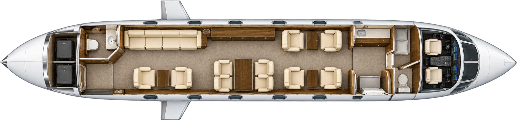 Top-down view of a Gulfstream V cabin. Typical 14-passenger layout: a club of four, four conference seats, two club seats opposite a four-place divan, forward galley and aft lavatory.