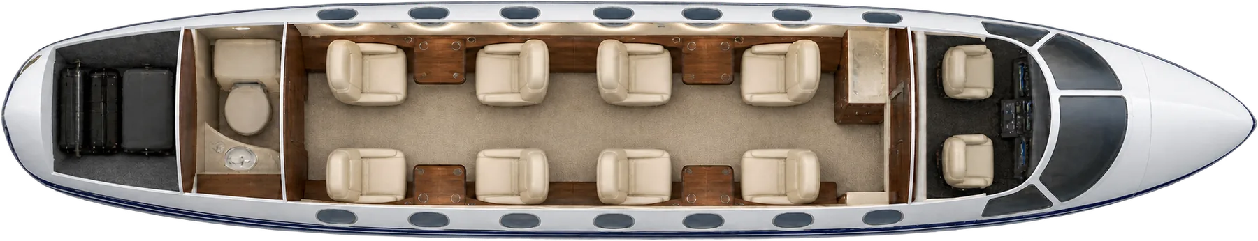 Top-down view of a Hawker 4000 cabin. Typical 8-passenger layout: two clubs of four, forward galley, aft lavatory and baggage compartment.