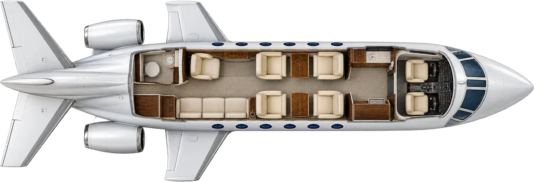 Top-down view of a BAE 125-800A cabin. Typical 8-passenger layout: a club of four, one seat opposite a three-place divan, forward galley, aft lavatory.