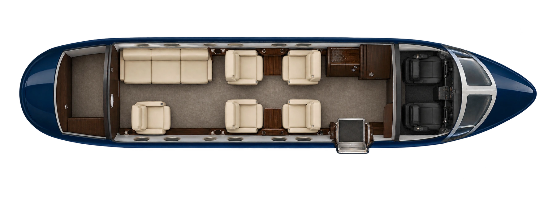 Top-down view of a Hawker 800A eight-passenger example cabin. Five chairs and a three-place divan provide eight main-cabin positions. Crew and separate lavatory excluded. Actual completion varies.