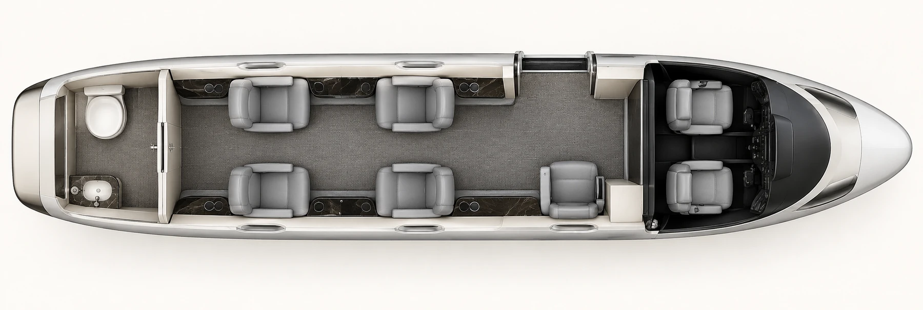 Top-down view of a HondaJet Elite II five-seat lounge cabin. Representative HondaJet Elite II five-seat lounge: four club chairs and one forward side-facing chair. The separate belted lavatory is excluded from the five lounge seats. This does not identify this aircraft's installed completion.