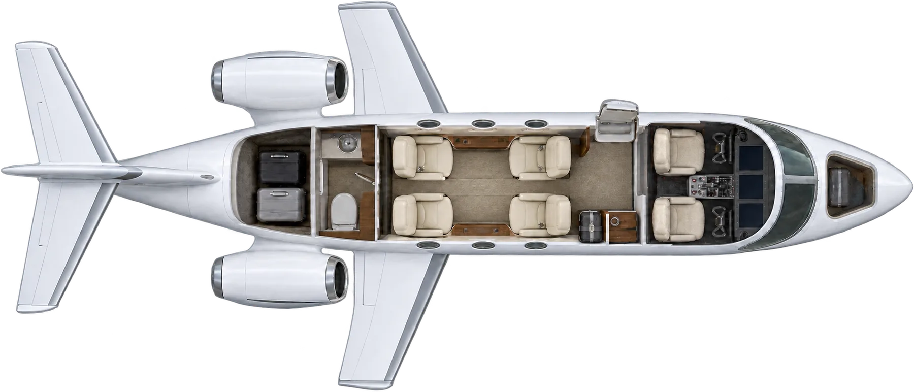Top-down view of a HondaJet Elite II cabin. Typical 4-passenger layout: a club of four, forward refreshment cabinet, aft lavatory.