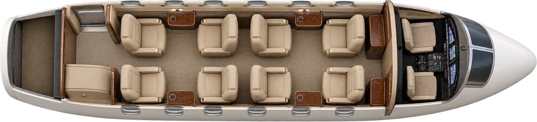 Top-down view of a Beechcraft King Air 350i cabin. Representative King Air 350i double-club example: eight main passenger chairs in two facing clubs. Two pilot seats are separate; aft port entrance, covered starboard lavatory bench and aft baggage zone. Original roof-off illustration, not an installed completion or measured engineering plan.