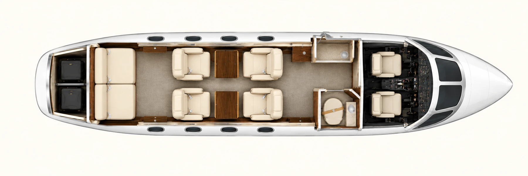 Top-down view of a Learjet 31A six-seat lounge cabin. Representative six-seat lounge Learjet 31A layout: four club chairs and a two-place rear bench. A separate belted toilet is not counted in these six lounge seats. Not the installed layout of this aircraft.