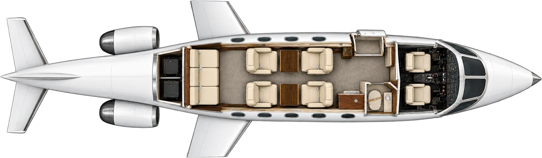 Top-down view of a Learjet 35 cabin. Typical 8-passenger layout: a club of four, a three-place aft bench, forward belted lavatory.