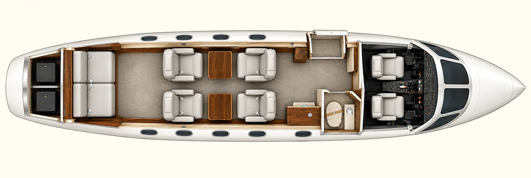 Top-down view of a Learjet 35A six-seat lounge cabin. Representative six-seat lounge Learjet 35A layout: four club chairs and a two-place rear bench. Service-area seating is not counted in these six lounge seats. Not the installed layout of this aircraft.
