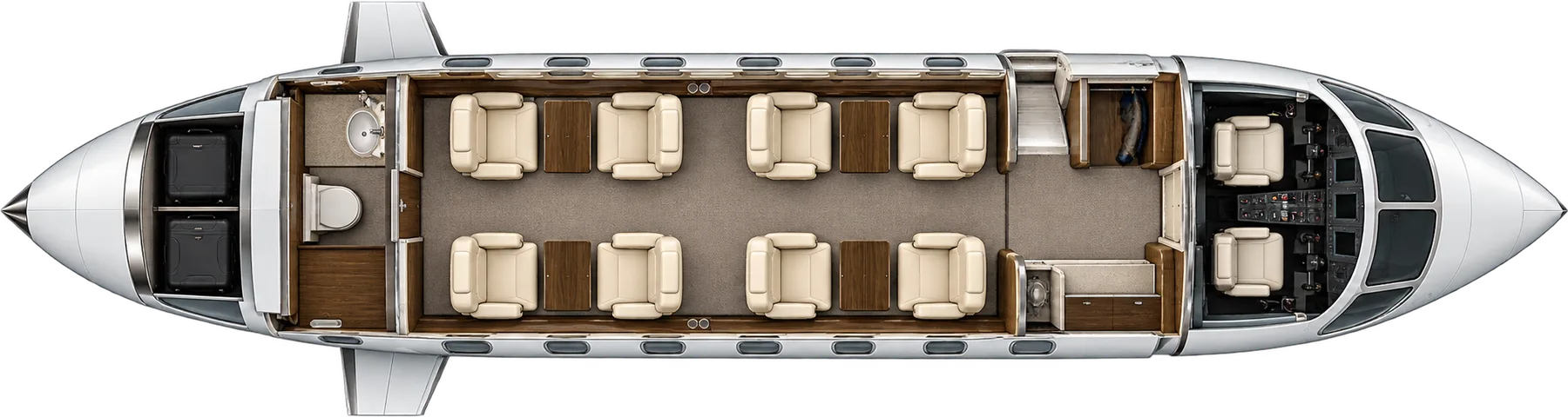 Top-down view of a Learjet 40 cabin. Typical 8-passenger layout: two clubs of four, forward galley, aft lavatory.
