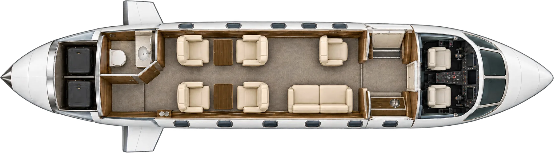 Top-down view of a Learjet 55ER cabin. Typical 7-passenger layout: an aft club of four, one forward chair opposite a two-place divan, forward galley and aft lavatory.