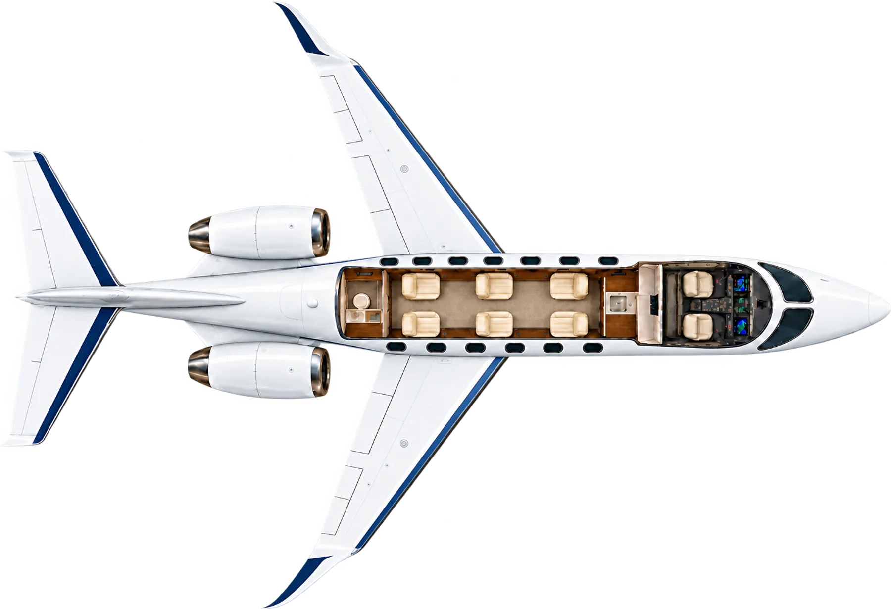 Top-down view of a Learjet 70 cabin. Illustrative six-chair main cabin: forward four-seat facing club, two aft forward-facing chairs, forward galley and aft lavatory.
