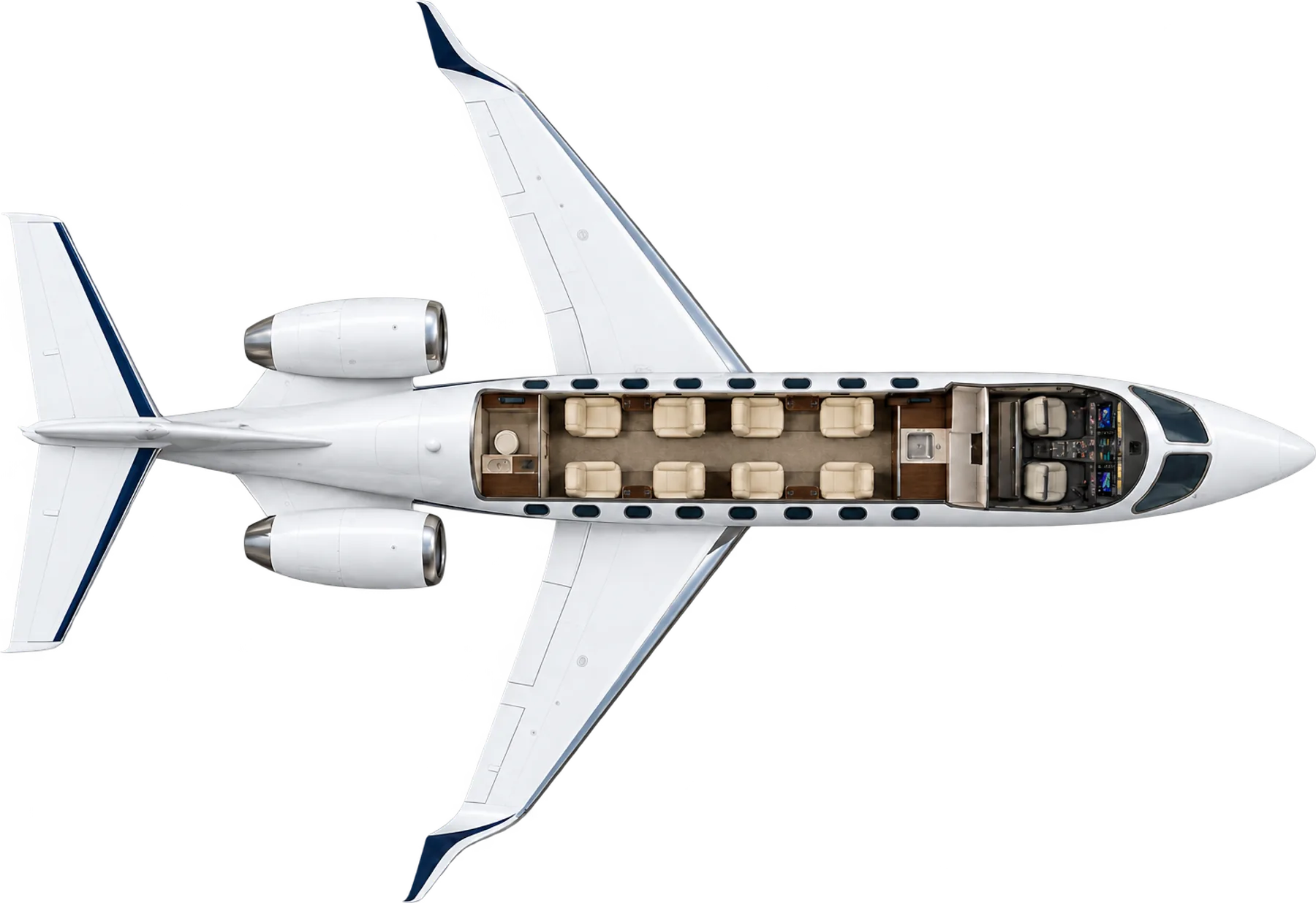 Top-down view of a Learjet 75 cabin. Illustrative 8-passenger layout: two facing four-seat clubs, forward galley and pocket door, aft lavatory.