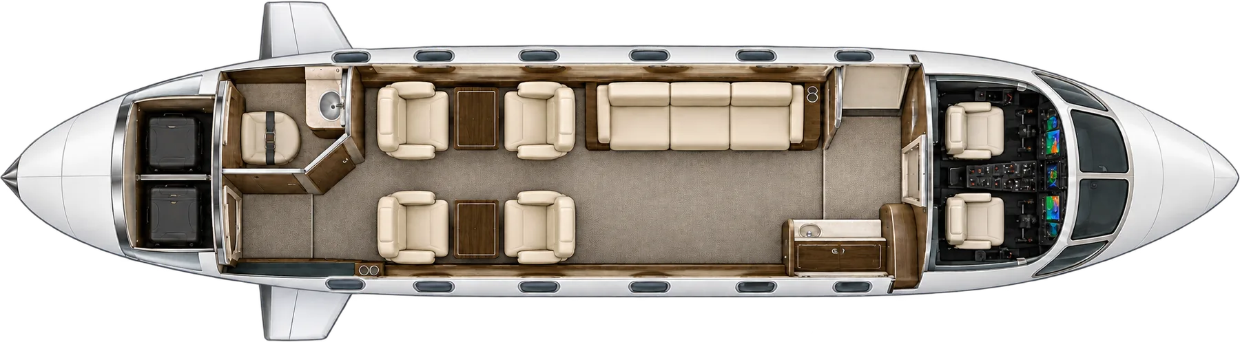 Top-down view of a Nextant 400XT cabin. Typical 8-passenger layout: a forward three-place divan, an aft club of four, forward galley and belted aft lavatory.