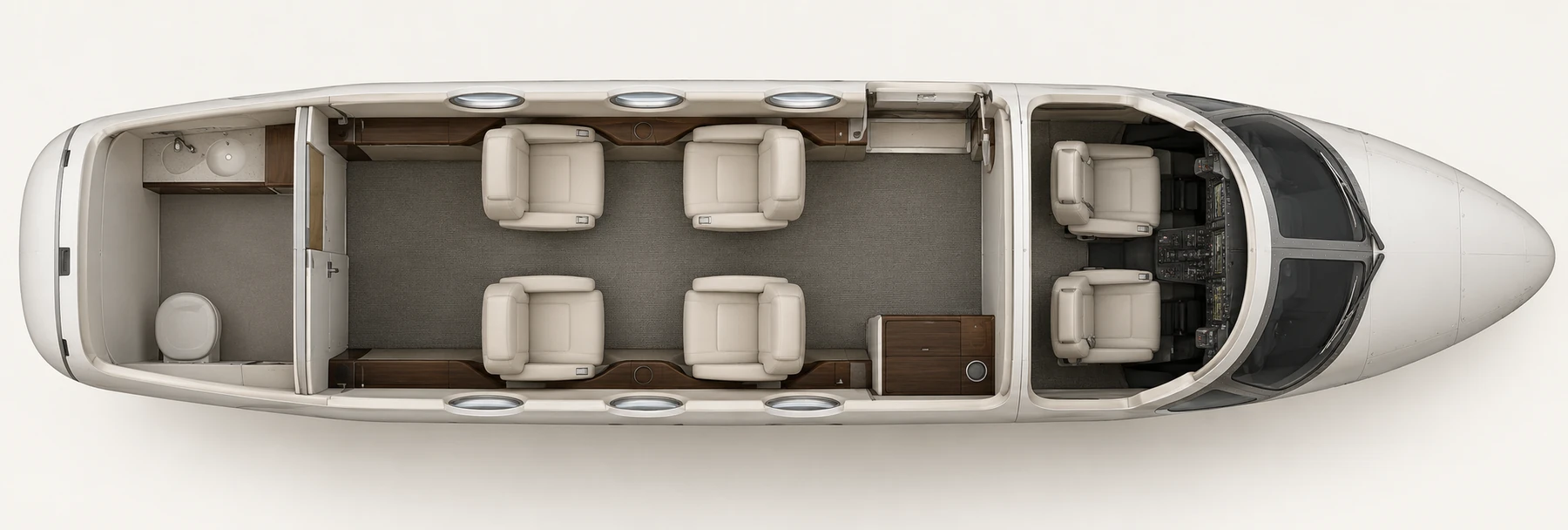 Top-down view of a Phenom 100 four-seat lounge cabin. Representative baseline Phenom 100 four-seat lounge with four club chairs. Cockpit and lavatory are excluded from this lounge count. This does not identify this aircraft's installed completion.