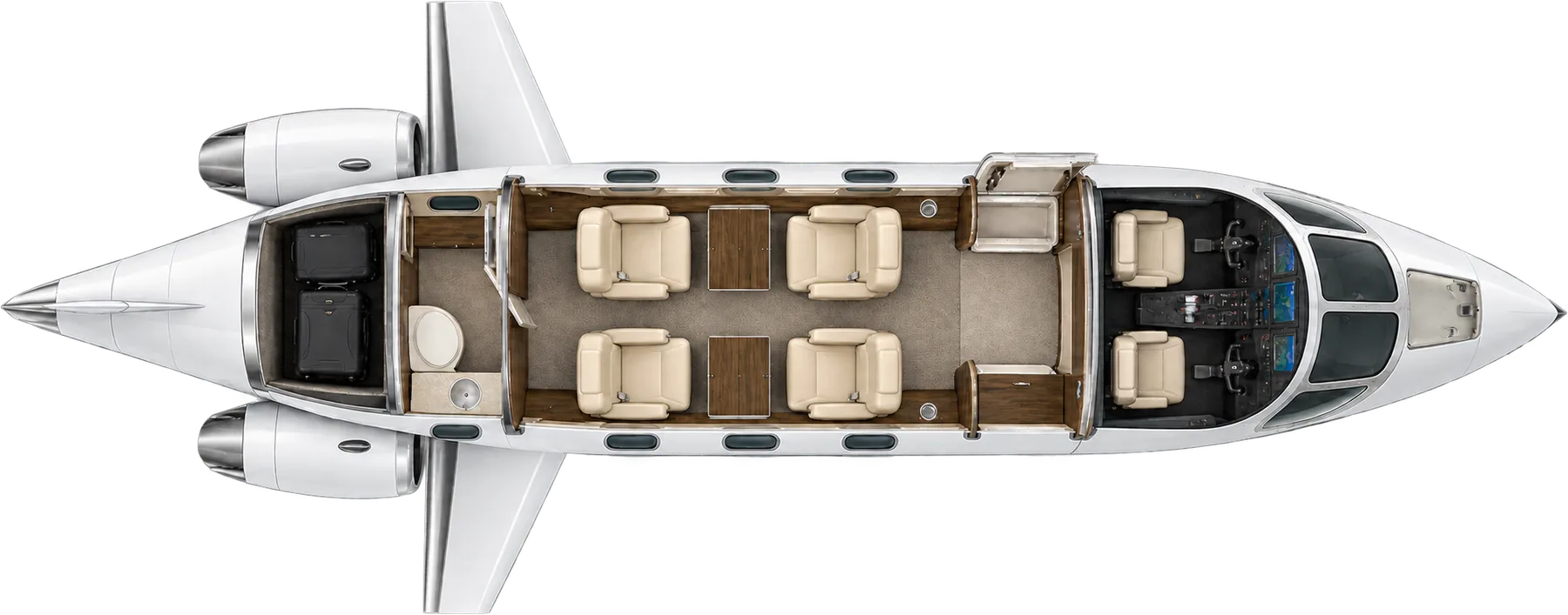 Top-down view of a Embraer Phenom 100EV cabin. Typical 4-passenger layout: a club of four, forward refreshment cabinet, aft lavatory.