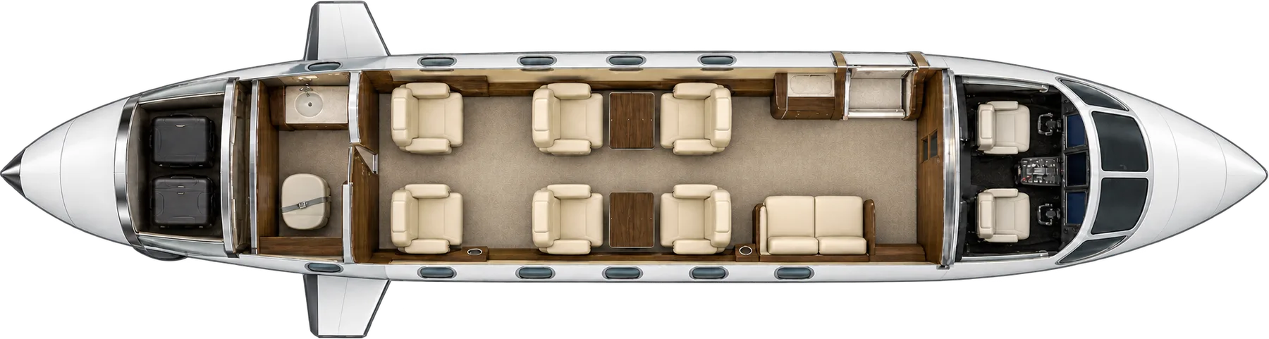 Top-down view of a Embraer Phenom 300E cabin. Typical 9-passenger layout: a forward two-place divan, a club of four, two aft seats and a belted aft lavatory.