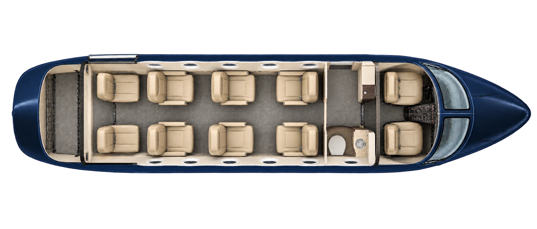 Top-down view of a PC-12/47 eight-passenger reference cabin. Representative PC-12/47 EX-6S-STD-2S option: a forward club of four, two forward-facing executive chairs, two aft standard seats, forward lavatory and aft baggage. Actual installed layouts vary.