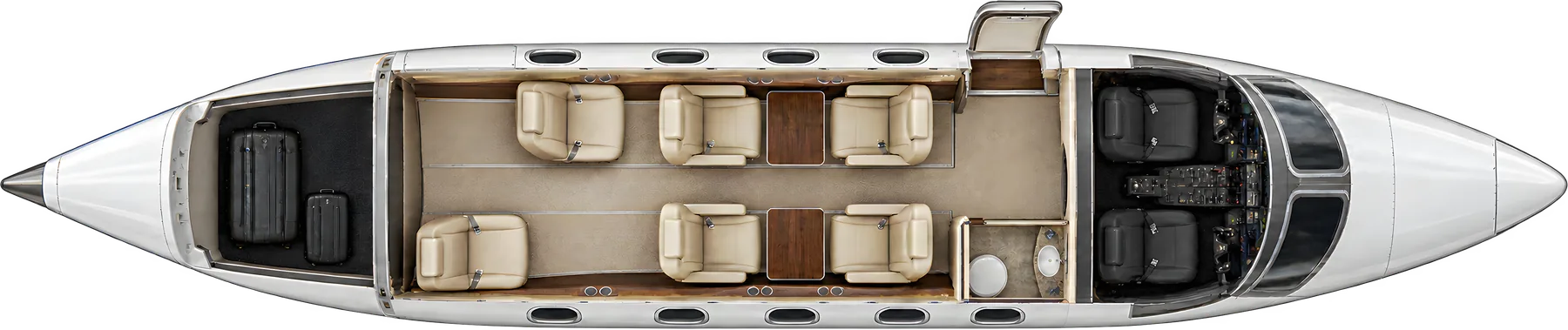 Top-down view of a Pilatus PC-12 NGX cabin. Typical 6-passenger executive layout: forward four-seat club, two staggered aft chairs, forward lavatory and aft baggage.