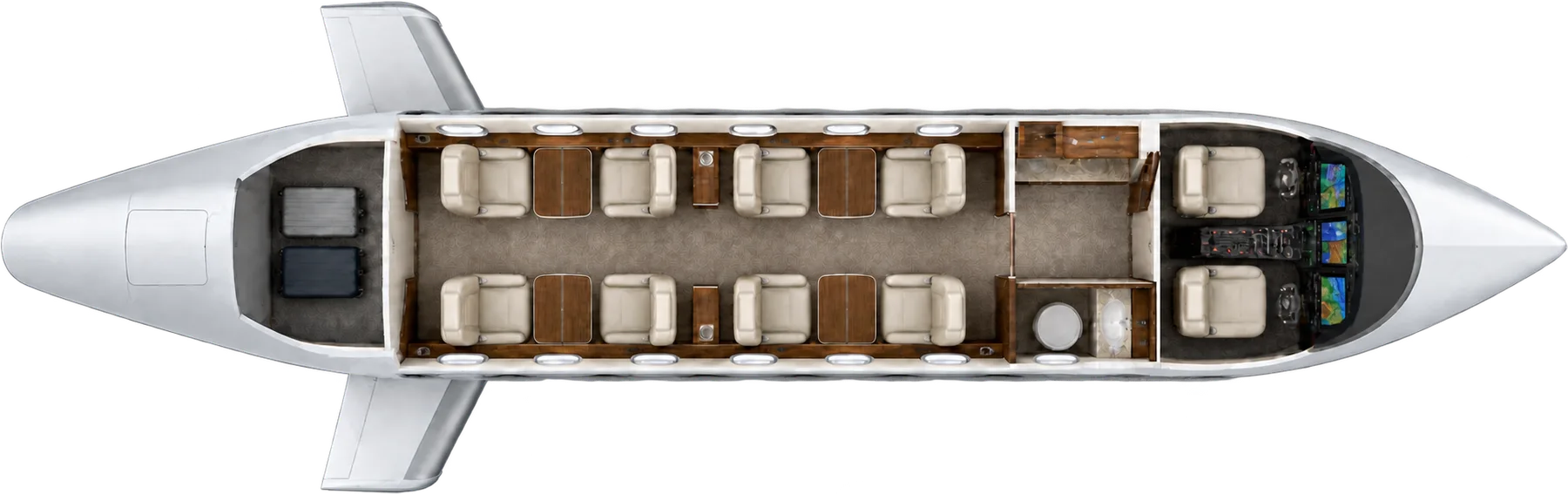 Top-down view of a Pilatus PC-24 cabin. Typical 8-passenger layout: two clubs of four, forward galley and lavatory, aft baggage.