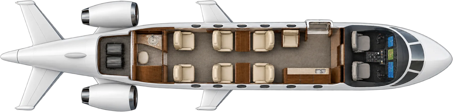 Top-down view of a Embraer Praetor 500 cabin. Typical 7-passenger layout: a club of four, two aft forward-facing seats, one forward side-facing seat, forward galley and aft lavatory.