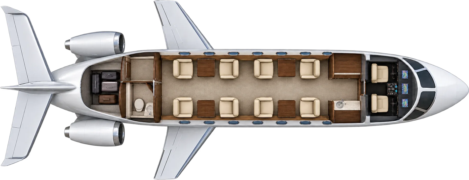 Top-down view of a Embraer Praetor 600 cabin. Typical 8-passenger layout: two four-seat clubs, forward galley, aft lavatory and baggage.