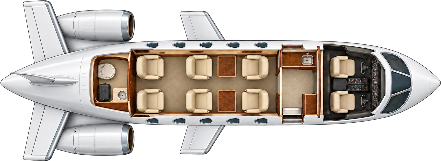 Top-down view of a Rockwell NA-265-65 Sabreliner 65 cabin. Typical 6-passenger layout: a club of four, two forward-facing aft seats, forward galley and baggage, aft lavatory.